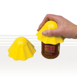 person opening a small jar with opener yellow cone shape opener