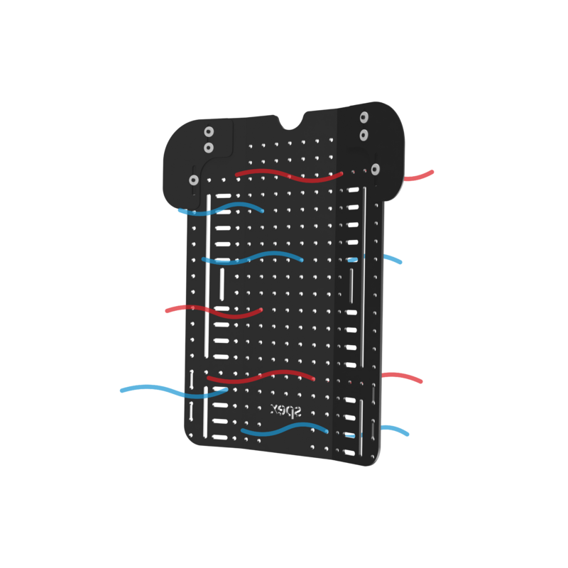 Slots & hole positions on ventilated shell  Slots and holes in the back support shell allows for better ventilation and temperature control for the user. It also allows for an easier installation of head supports, lateral supports and harnesses.